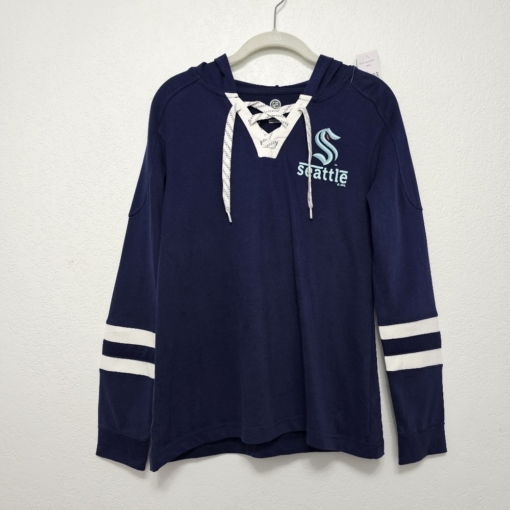 NWT NHL Seattle Kraken Women's Hooded Lace-Up V-Neck Hockey Sweatshirt Sz Small